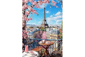 NEWENMO 5D Eiffel Tower Diamond Painting Adultos,Hermosas Flores de Cerezo Diamond Art,Kit Completo de Pintura de Diamante,Bricolaje Paisajes Dibujo de Diamantes Set,para Decoración de Hogar 30x40cm