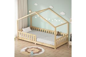 ML-Design barnsäng hussäng 90x200 cm naturfärgad Montessori golvsäng i massiv furu med tak ribbotten och fallskydd juniorsäng