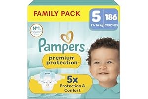 Pampers Premium Protection Taille 5, 186 Couches, 11kg-16kg, Notre N°1 Pour La Protection De La Peau Et Contre Les Fuites