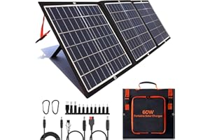 POWOXI 60W Portable Solar Panel for Power Station, IP65 Waterproof Foldable 5V-20V DC Output, with Adjustable Kickstand, Solar Charger with USB Outputs for Phone Outdoor Camping RV