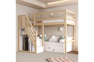 ‎JOVIFY Etagenbett 90x200, Kinderbett Hochbett mit Treppe & Aufbewahrungsschrank, Massivholz Funktionsbett Einzelbett Stockbett Spielbett Kinderhochbett Jugendhochbett mit Lattenrost, Ohne Matratze,Holzfarbe