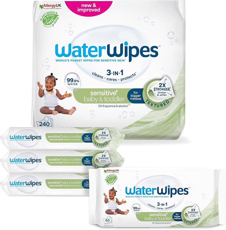 WaterWipes Sensitive+ Baby & Toddler Wipes, Salviettine per Neonati e Bambini Piccoli, 240 Pezzi (4 Confezioni), Deterge, Cura, Protegge, 99,9% Acqua, Texture Pulente, Senza Profumo