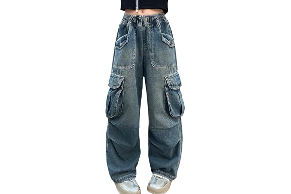 SEAUR Jeans flicka säckig cargobyxor multiväskor cargobyxor Y2K hip hop streetwear fritid barn jeans elastisk linning – 120–1