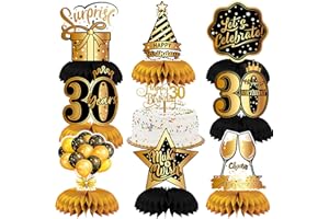 LINGQIANG 30. Geburtstag Dekoration Mann, 9 Stück Schwarz und Gold 30. Geburtstag Deko Bienenwabe Mittelstück mit Tortendeko, 30. Tischdeko Tabelle Topper für Frau 30. Geburtstag Party Tischaufsätze Zubehör
