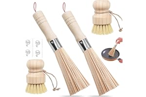 BITEFU Set di 4 pennelli wok in bambù, spazzola per funghi, wok in bambù con spazzola per la pulizia di pentole, padelle, piatti e posate con 4 ganci (due stili)