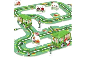 EUCLIDEAN CUBE 48PCS Puzzle Car Track Play Set with 2 Vehicles, Cardboard Puzzle Rail Car for Toddlers, DIY Assembling Educational Toys Gift for 3 4 5 6 Year-Old Boys Girls - Ranch Theme