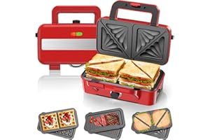 ‎CUMEOD Sandwichmaker 3 IN 1, 1200W & 5-Gang-Temperaturregelung Waffeleisen, Cool-Touch-Griff, Sandwichtoaster, Kontaktgrill mit 3 Antihaftplatten für Sandwich, Waffeln, Fleisch, LED-Leuchten, Retrorot