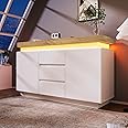 Jaxenor White High Gloss Sideboard LED Cabinet with 2 Doors 3 Drawers for Living Room, Dining Room, Hallway, Bedroom, Storage Cabinet with RGB LED, App-controlled (White)