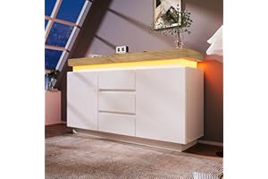 Merax Modern High Gloss Sideboard for living room Sideboard Cabinet Cupboard with 2 Doors and 3 Drawers, with RGB LED(App-controlled), 81 x 140 x 39 cm, White