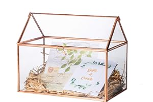 NCYP Rose Gold Glass Card Box 26cm, Handmade Pure Copper House Shape Geometric Terrarium for Wedding Receiption Wishwell, Glass Box Only