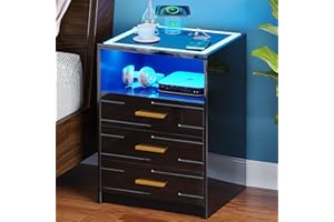 Lvifur LED Comodino con Stazione di Ricarica Wireless,Intelligente Comodini Lucido con Touch Screen,tavolino con 3 Cassetti e Ricarica USB/Tipo-C per Soggiorno