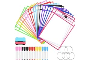 JTOOYS 20 PCS Reusable Dry Erase Pockets, Dry Erase Pockets Set, Wipe Drawing Board Dry Brush Bag for Classrooms, Home & Work Fit's A4 Paper Heavy Duty Paper Holders with 20xErase pens, 2XEraser, 5xKey Ring