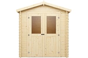 Woodtex Holz Gerätehaus Mini 2 C | Gartenhaus | Wandstärke 28 mm | Naturbelassen | Satteldach | B x T x H: 198 x 198 x 214,5 cm | Inkl. Doppelflügeltür Mit Echtglas | Ohne Fußboden