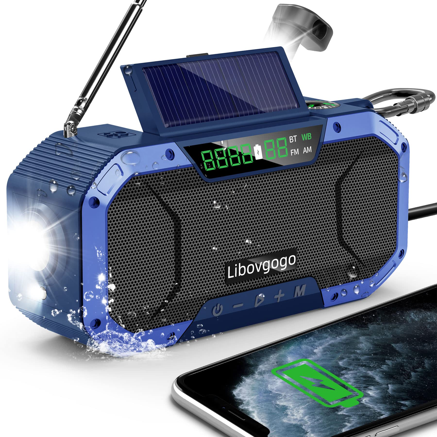 Hand Crank Emergency Radio with Solar Power Bluetooth Speaker,Portable Waterproof Digital AM FM NOAA Weather Radio with 5000mAH Flashlight Cell Phone Charger,Reading Lamp,Emergency Survival Kit