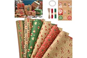 DXRPO Carta da Regalo Natalizia Set, 12 Fogli Kraft Carta Regalo Natale Bambini,con Nastro Biadesivo e Corde Di Iuta Nastri, per Regali di Natale di Compleanno, 70 x 50 cm