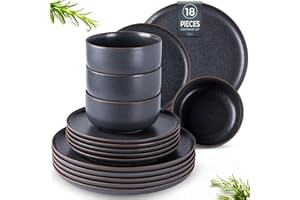 LeRatio Dinner Set for 6, 18 Piece Stoneware Plates and Bowls Set, Scratch Resistant Reactive Glaze Dinnerware Set, Oven & Dishwasher & Microwave Safe Crockery Set, Speckle Black-Brown Rim