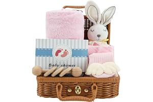 AMO NENES Set Regalo Neonato Unisex, Cestino portaoggetti con Sonaglio, Asciugamano da Bagno, Coperta di Sicurezza, Panno per il ruttino, Biglietto d'auguri, Regali per la nascita e per la festa bebè, Rosa