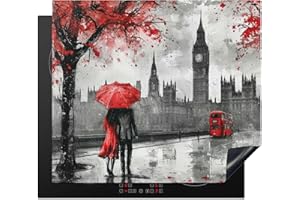 KitchenYeah© Coperchio Piano Cottura 60x52 cm Cucina Copri Fornelli Tappetino Induzione Antiscivolo Piastra Protezione Londra - Rosso - Acquerello - Nero - Coppia