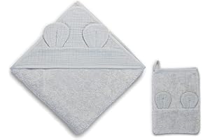 FUNNABABY SWEET LITTLE THINGS %100 Cotton Muslin Double Sided Baby Hooded Towels, 35'' × 35'' inches ( 90×90 cm ),Bath Robe for Baby , Newborn Baby Gift Ideas, with the Cotton Bath Gloves Gifted, OEKO-TEX Certified