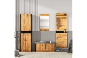 KecDuey Wardrobe Set of 4 with Mirror and Bench, Stylish Compact Coat Rack with 4 Coat Hooks, Bars and Shelf, Practical Wall Coat Rack