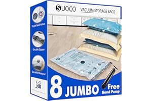 SUOCO Vacuum Storage Bags 8 Jumbo, Space Saver Bags with Travel Hand Pump, Compression Airtight Sealer Bags for Clothes, Bedding, Pillows, Comforters, Blankets