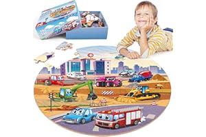 SYNARRY Giant Construction Vehicle Floor Jigsaw Puzzle for Kids 3 4 5 6 7 8 Year Olds, 70 Piece Big Round Fire Truck Jigsaw, Toys Gifts for Toddlers Children Boys Girls