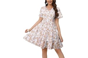 Hotouch Damska letnia sukienka z dekoltem w serek, tunika z krótkim rękawem, długość do kolan, sukienka plażowa, sukienka na czas wolny, sukienka kopertowa, S-XXL