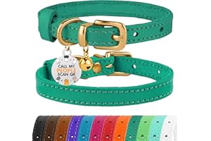 BRONZEDOG Collar de cuero para gato con campanas, etiqueta QR para gatito no separable para niña y niño (verde y dorado, 23-28 cm)