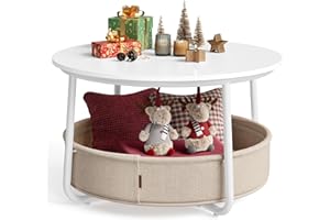 ‎VASAGLE VASAGLE Couchtisch rund, Tisch mit Stauraum, Beistelltisch, Wohnzimmertisch mit Korb aus Stoff, modern, Metallrahmen, mattweiß-Kamelbraun LCT244W10