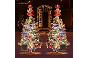 AMZXART Paquete de 2 decoraciones solares de Navidad al aire libre, 39 pulgadas y 200 LED solares para árbol de Navidad con bola de Navidad y bayas rojas, 8 modos de luces solares de Navidad al aire libre,