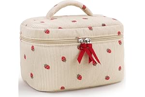 Prite Trousse de Maquillage à Motif de Fleurs Trousse de Toilette pour Voyage Pochette Cosmétique en Velours Côtelé Mignon Vanity pour Femmes et Filles (Fraise)