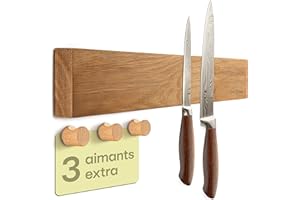 Praknu Porte Couteaux Aimanté Autocollante - 40 cm en Bois d’Acacia – Avec 3 Crochets Magnétiques - Barre Murale pour Jusqu’à 8 Couteaux Lourds