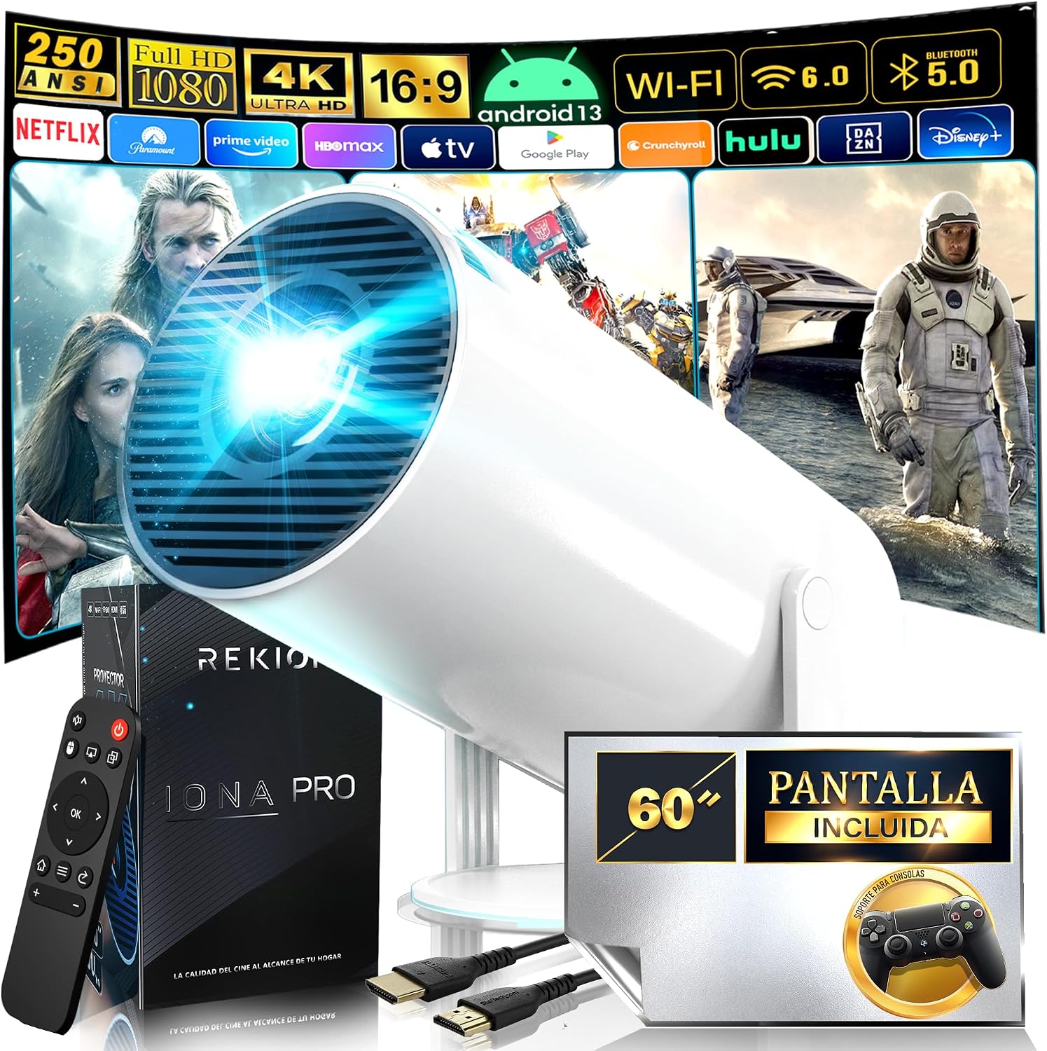 REKION® [Apps INTEGRADAS] Proyector Portatil HY.300 4K + Pantalla 60 Pulgadas | HDMI Incluido | 1080P Full HD 250 ANSI 9000 Lúmenes | WiFi 6 Bluetooth 5.0 | Android 13 | 180°Rotable
