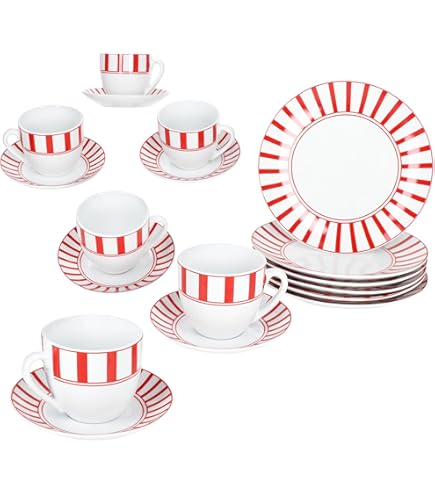 MamboCat Split 18-delig koffieservies van wit porselein met strepen voor 6 personen, 6 kopjes à 200 ml, 6 schoteltjes en 6 borden voor ontbijt en koffie