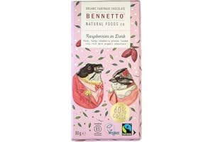 BENNETTO Raspberries in Dark Tangy raspberry pieces in rich dark chocolate. 60% cocoa. Certified organic, Fairtrade, and net climate positive. Beautiful gifts for everyone.