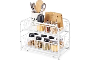 SONGMICS Organizzatore da Cucina, Scaffale a 2 Ripiani Estraibili per Armadietto, Organizzatore Impilabile Sottolavello con Cassetti Portaoggetti, per Cucina, Bagno, Bianco Opaco KCS017W01V1