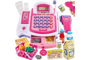 BUYGER Grande Registratore di Cassa Giocattolo per Bambini con Stampante per Ricevute, Scanner, Microfono, Calcolatrice, Supermercato Giochi di Ruolo Regalo per Bambina 3 + Anni