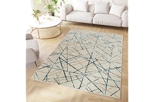 TAPISO Crystal Tappeto Pelo Corto Lucido Effetto 3D Design Moderno Motivo Astratto Geometrico Linee Tonalità Blu Beige Soggiorno Sala Camera Cameretta Sicuro OEKO-TEX 200 x 300 cm