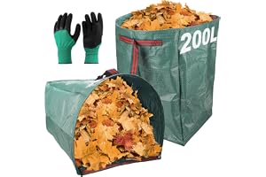 AROMUJOY Trädgårdspåse 2 x 200 l, lövsäck för trädgårdsavfallspåsar med spadeform, trädgårdsavfallspåsar självstående med handtag vikbar inkl. handskar för grönt snitt gräs lövverk trädgårdsavfall