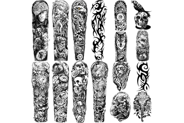 Tatouages Temporaires Imperméables Bras Complet 8 Feuilles et demi-bras Faux Tatouages 8 feuilles, Autocollants de Tatouage Extra-larges pour Hommes et Femmes ou Adultes (58X18cm)