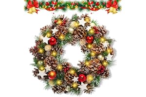 RDDAIPE Weihnachtskranz mit Beleuchtung 30cm, Türkranz Weihnachten Beleuchtet mit 30 Led, Weihnachtstürkranz mit Tannenzapfen, Weihnachtskugeln, Roten Beeren, für Weihnachten Tür, Wand, Haustür Deko