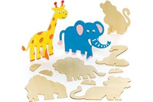 Baker Ross AR443 Animales de la Selva de Madera con Soporte que los Niños Pueden Crear, Decorar y Exhibir - Juego de Manualidades con Madera (pack de 10)