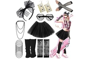 Ronilp 80s Fancy Dress for women,1980s Fancy Party Costume Accessories Set, Tutu Skirt Leg Warmers Necklace Bracelets Fishnet Gloves 80s Lace Bow Headband Tape Earrings Sunglasses