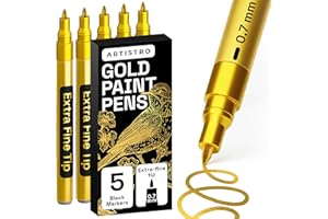 ARTISTRO 5 Gold Paint Pen for Rock Painting, Stone, Ceramic, Glass, Wood, Tire, Fabric, Metal, Canvas. Set of 5 Acrylic Paint White Marker Water-based Extra-fine Tip
