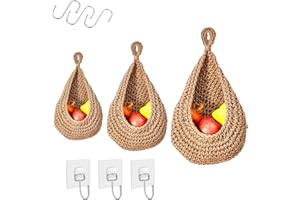 MEGYAD 3 cestas colgantes para frutas, cesta colgante de pared: cesta de almacenamiento para frutas, cesta de frutas, cesta colgante de pared, 3 pegatinas de pared+3 ganchos, cuerda de algodón tejida a mano