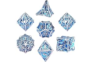 SIQUK Metal DND Dice Set 7 Pieces Maple Leaf DND Dice Hollow Polyhedral Dice D20 D12 D10 D% D8 D6 D4 Dice with Metal Box for Dungeons & Dragons RPG Board Games(Blue & Silver)