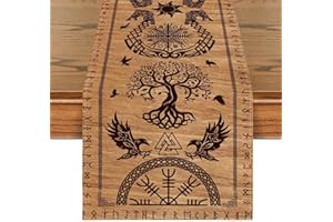 Artoid Mode Holz Wikinger Baum des Lebens Rabe Helm der Ehrfurcht Tischläufer, Saisonnal Tisch Dekoration Drinnen Urlaub Party Dekor 40x180 cm