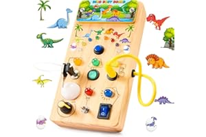 HappyGoLucky Dinosaurier Plastik Montessori Busy Board, Kinderspielzeug Activity Board Motorikspielzeug mit 7 Schalter 15 LED-Leuchten, Montessori Spielzeug Geschenke für Babys Ostergeschenke Kinder
