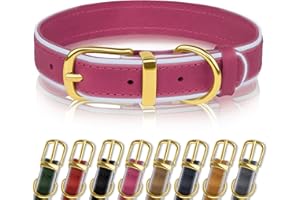 OOPSDOGGY Reflective Geniune Leather Dog Collar Soft Padded Collars for Small Medium Large Breed Dogs Puppy, 4 Sizes, 8 Colors (Pink, 12"-15")