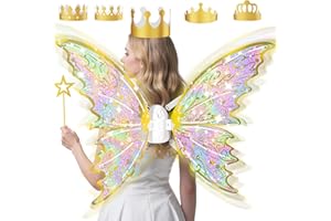 maysida Gold Fairy Wings for Kids and Girls, Light-up Electric Sparkling Wings Princess Halloween Set with Wand, Crown, Butterfly Wings – Ideal for Cosplay, Party, Birthday, Christmas